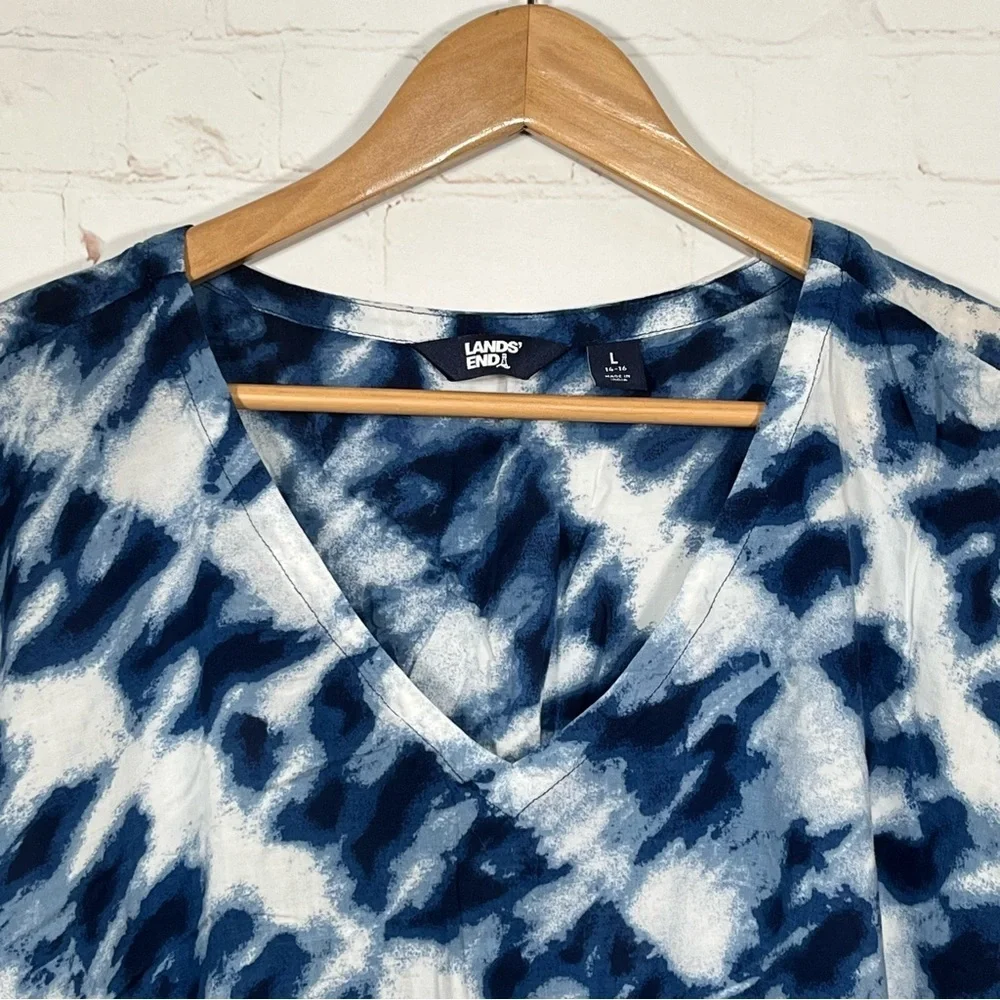 Lands' End Tie Dye Swim Cover Up Womens Large Blue Drawstring Waist Dress Tunic